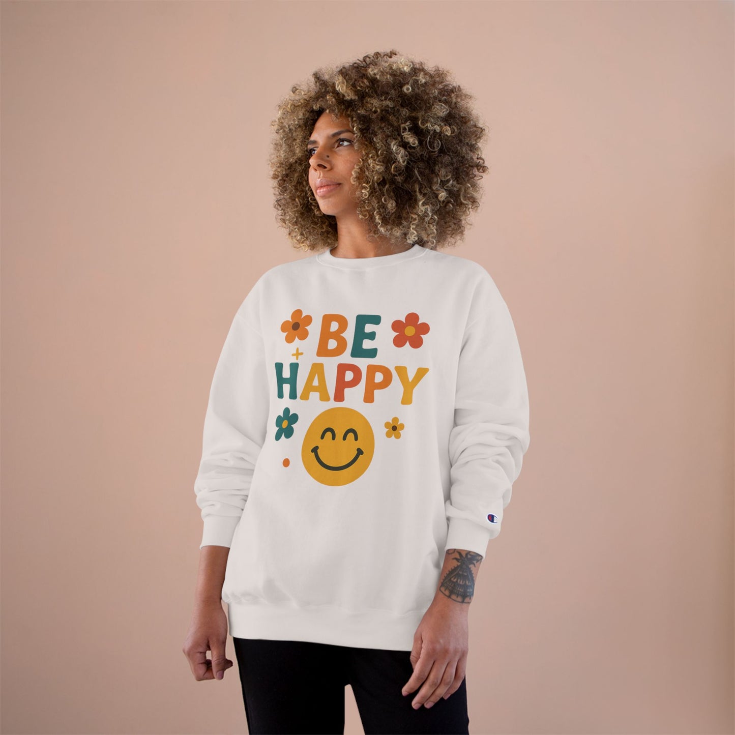 Happy Vibes Champion Sweatshirt, Positive Affirmation Apparel, Cozy Gift for Friends, Motivational Sweater, Feel-Good Sweatshirt