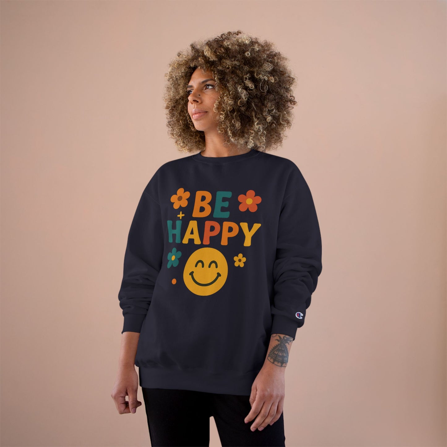 Happy Vibes Champion Sweatshirt, Positive Affirmation Apparel, Cozy Gift for Friends, Motivational Sweater, Feel-Good Sweatshirt