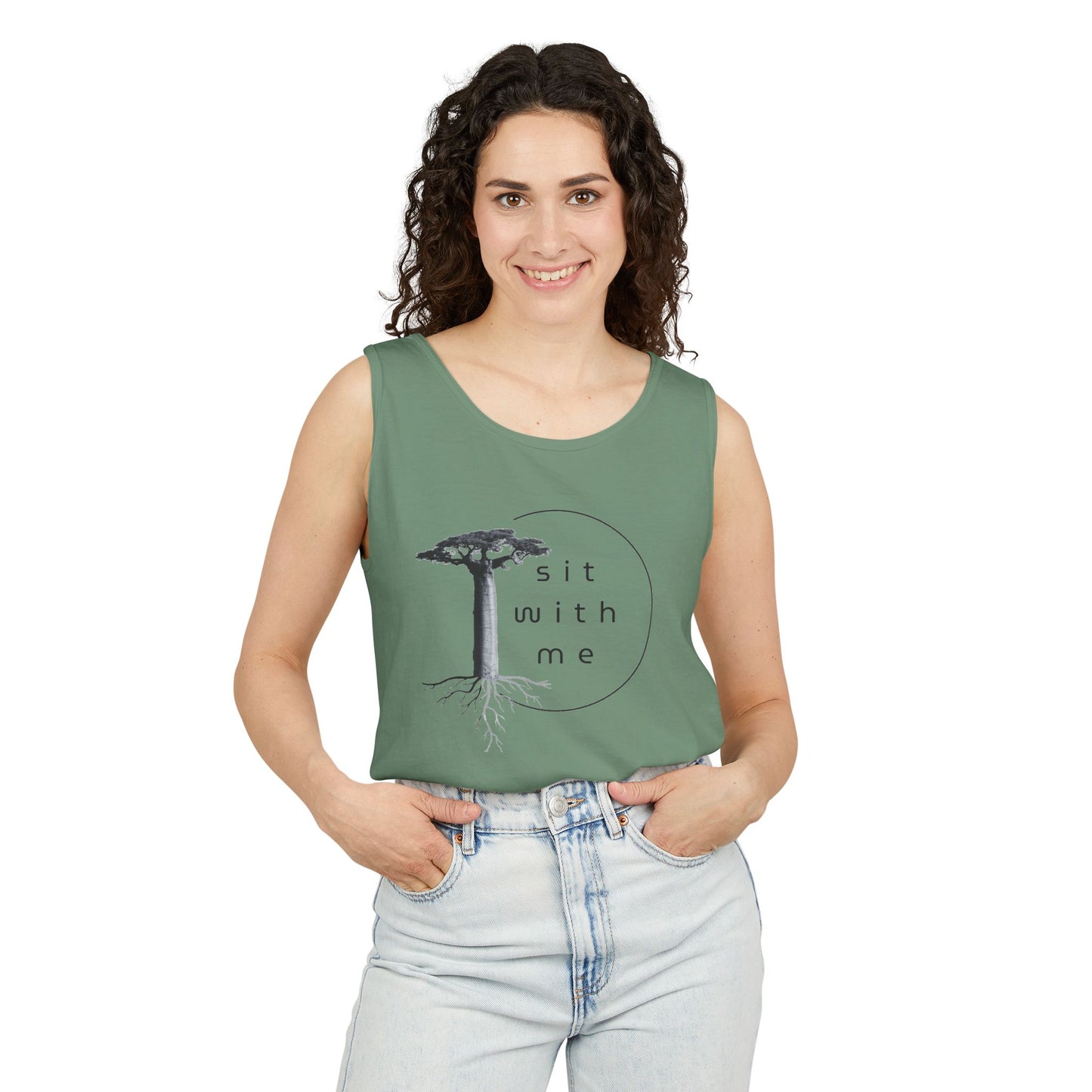 Relaxing Tree Illustration Tank Top, Unisex Summer Tee, Gift for Nature Lovers, Outdoor Adventure Apparel, Bohemian Style