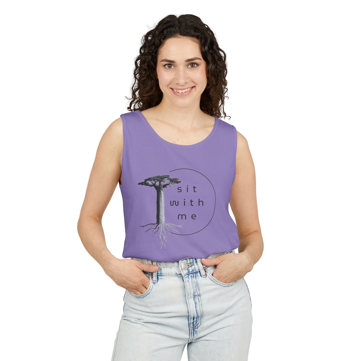 Relaxing Tree Illustration Tank Top, Unisex Summer Tee, Gift for Nature Lovers, Outdoor Adventure Apparel, Bohemian Style