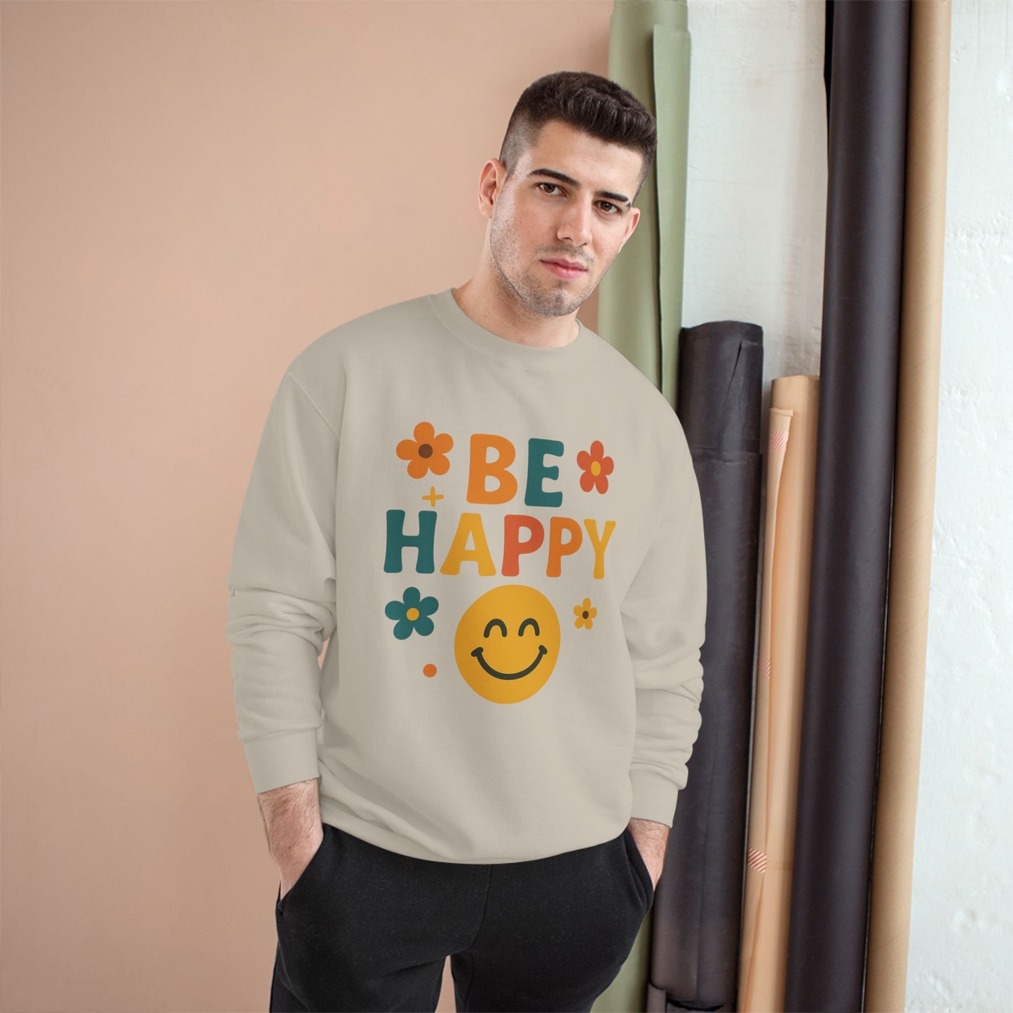 Happy Vibes Champion Sweatshirt, Positive Affirmation Apparel, Cozy Gift for Friends, Motivational Sweater, Feel-Good Sweatshirt