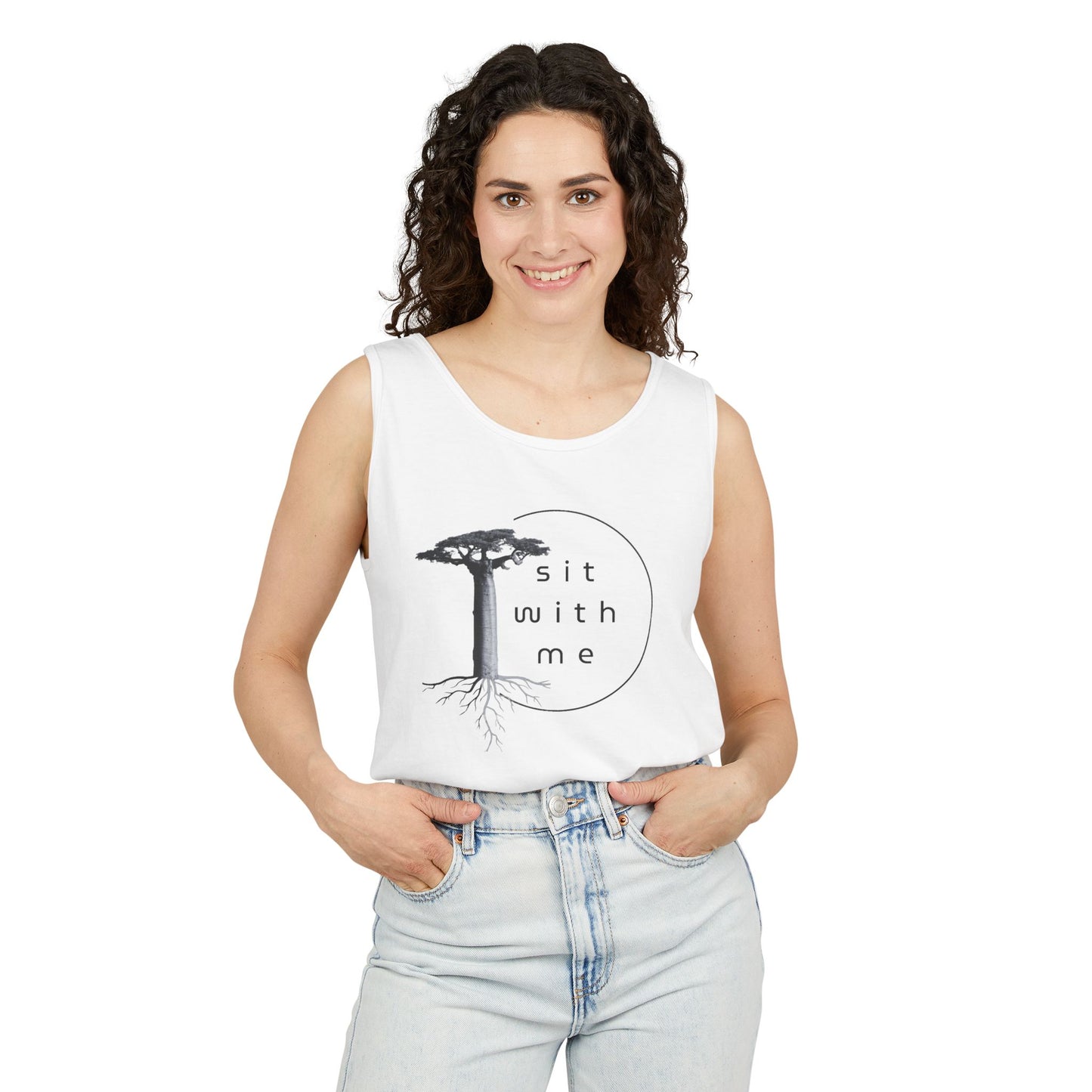 Relaxing Tree Illustration Tank Top, Unisex Summer Tee, Gift for Nature Lovers, Outdoor Adventure Apparel, Bohemian Style