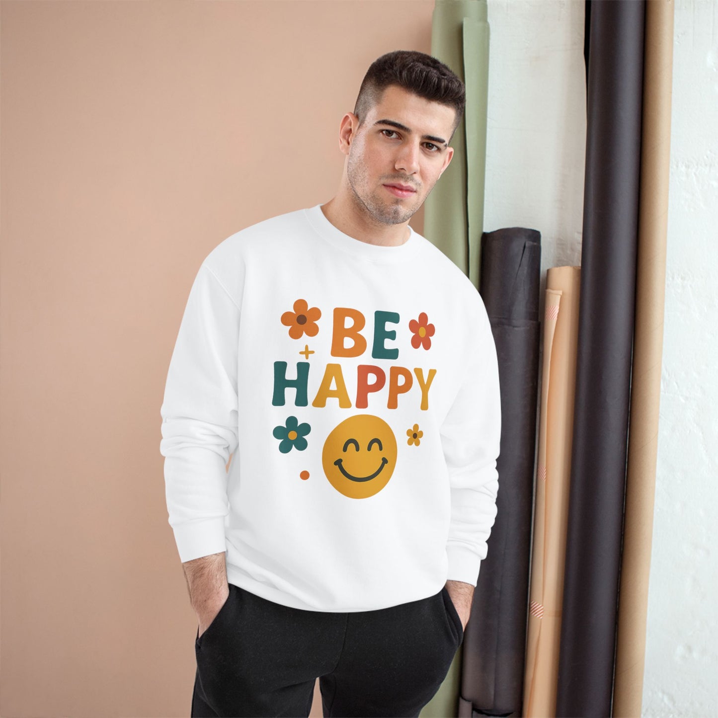 Happy Vibes Champion Sweatshirt, Positive Affirmation Apparel, Cozy Gift for Friends, Motivational Sweater, Feel-Good Sweatshirt