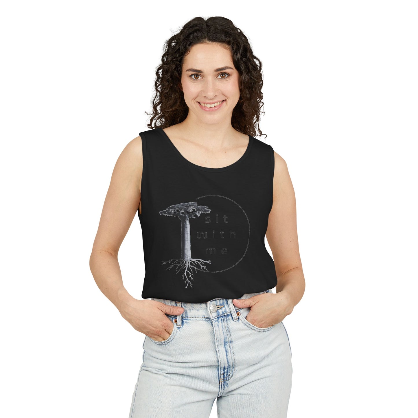 Relaxing Tree Illustration Tank Top, Unisex Summer Tee, Gift for Nature Lovers, Outdoor Adventure Apparel, Bohemian Style