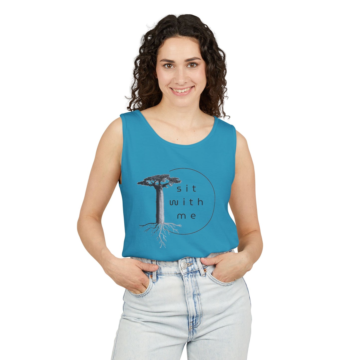 Relaxing Tree Illustration Tank Top, Unisex Summer Tee, Gift for Nature Lovers, Outdoor Adventure Apparel, Bohemian Style