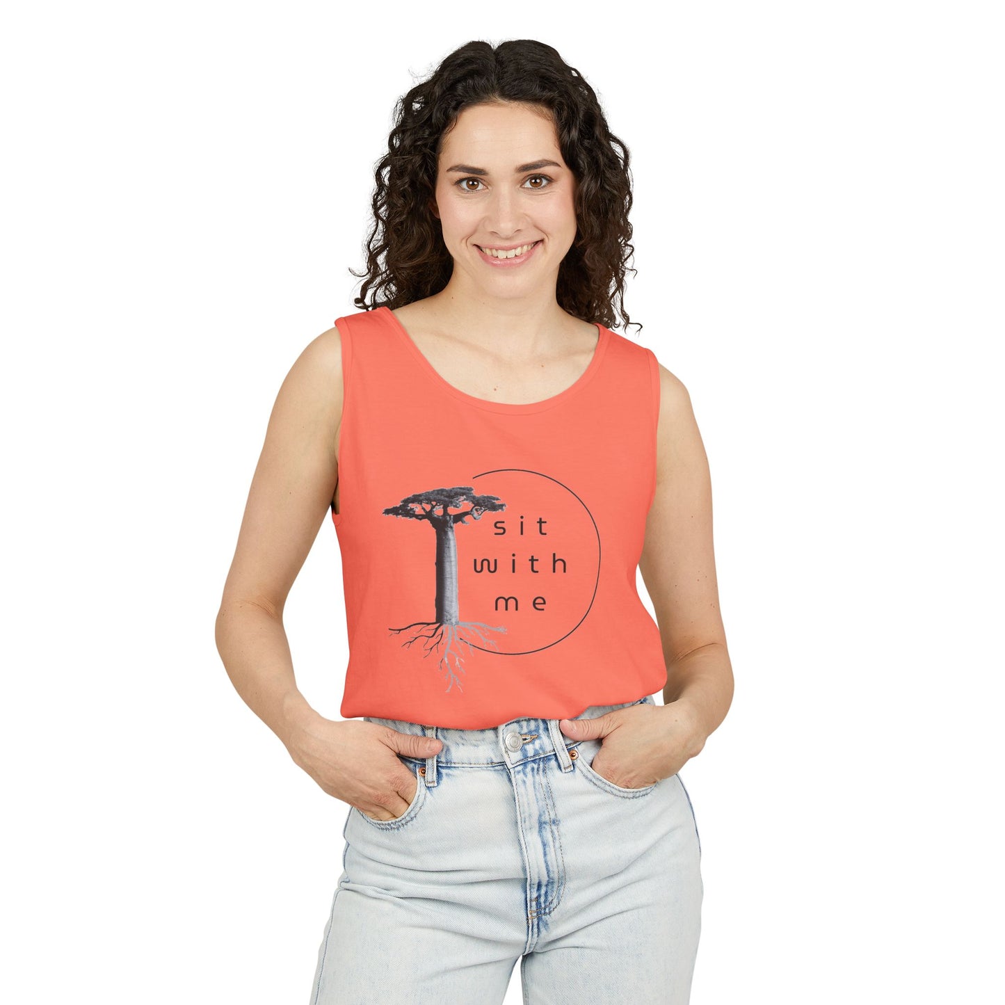 Relaxing Tree Illustration Tank Top, Unisex Summer Tee, Gift for Nature Lovers, Outdoor Adventure Apparel, Bohemian Style