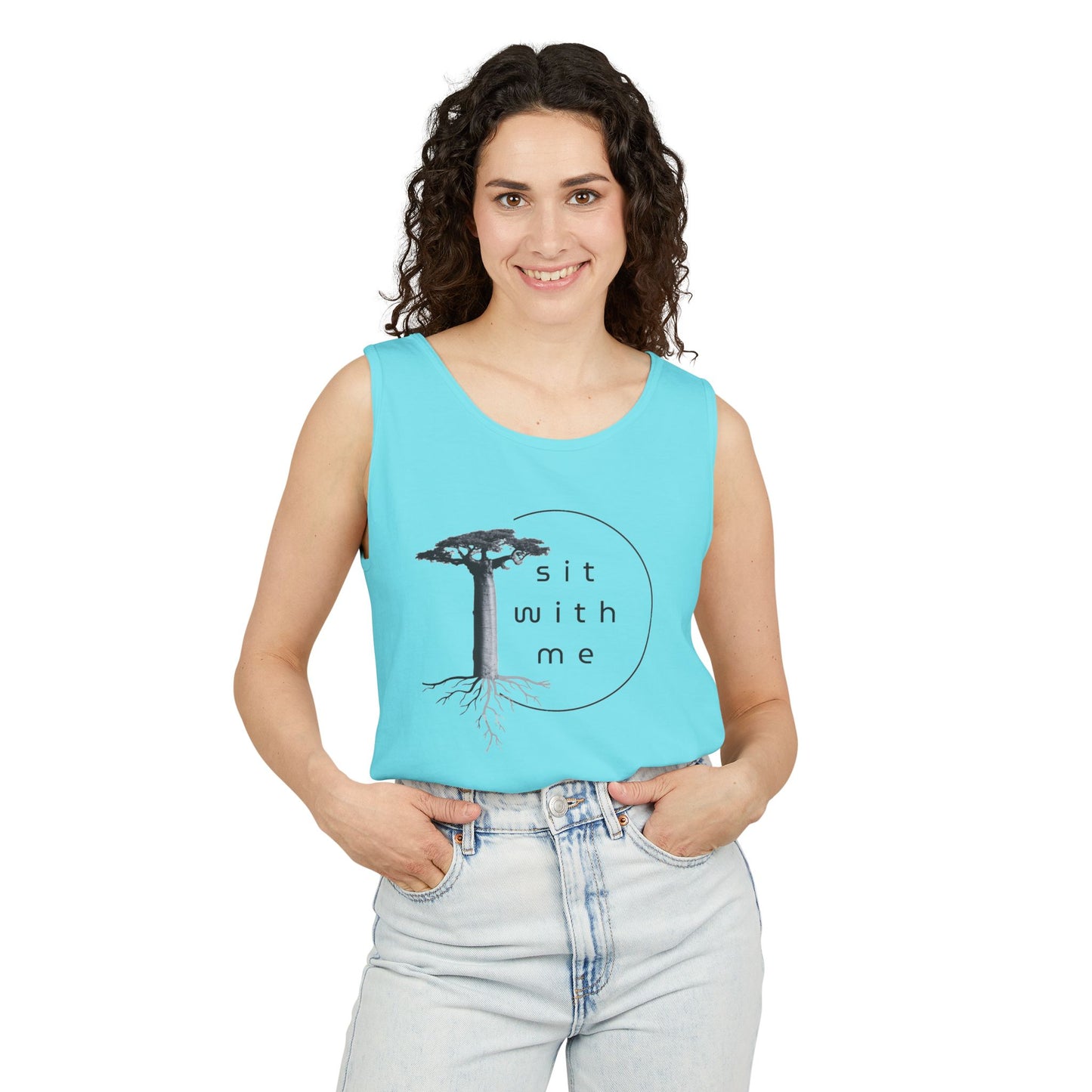 Relaxing Tree Illustration Tank Top, Unisex Summer Tee, Gift for Nature Lovers, Outdoor Adventure Apparel, Bohemian Style