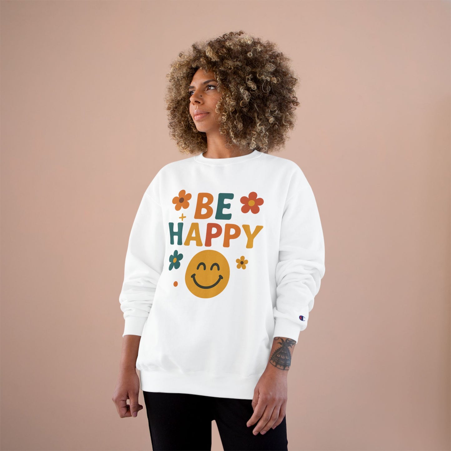 Happy Vibes Champion Sweatshirt, Positive Affirmation Apparel, Cozy Gift for Friends, Motivational Sweater, Feel-Good Sweatshirt