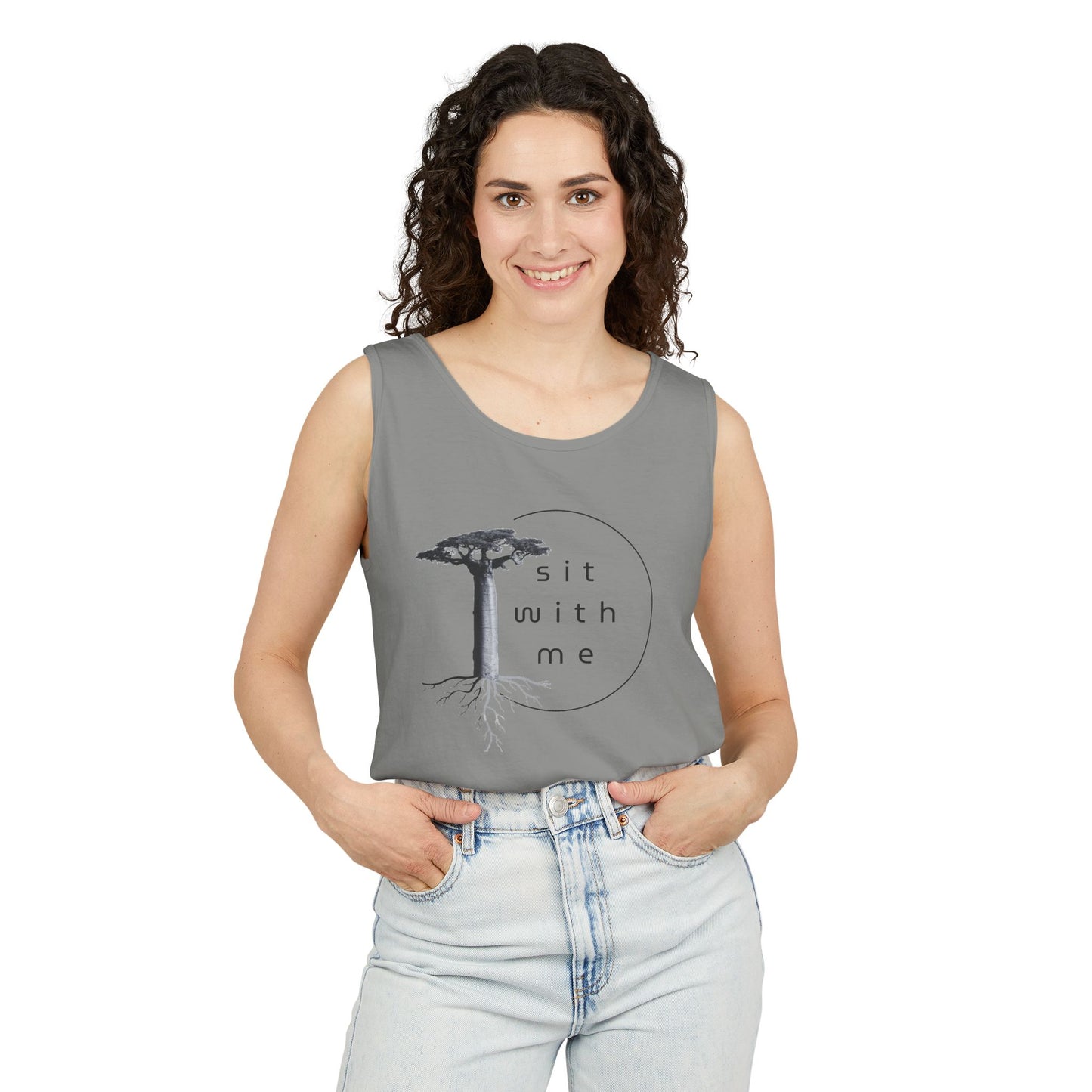 Relaxing Tree Illustration Tank Top, Unisex Summer Tee, Gift for Nature Lovers, Outdoor Adventure Apparel, Bohemian Style