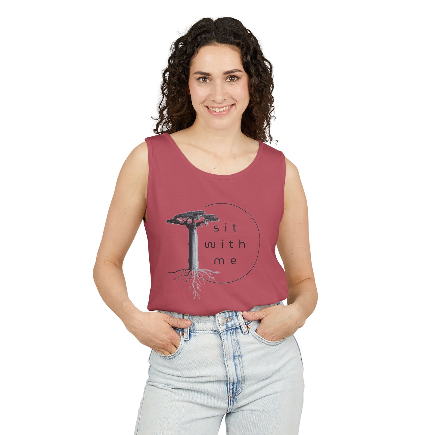 Relaxing Tree Illustration Tank Top, Unisex Summer Tee, Gift for Nature Lovers, Outdoor Adventure Apparel, Bohemian Style