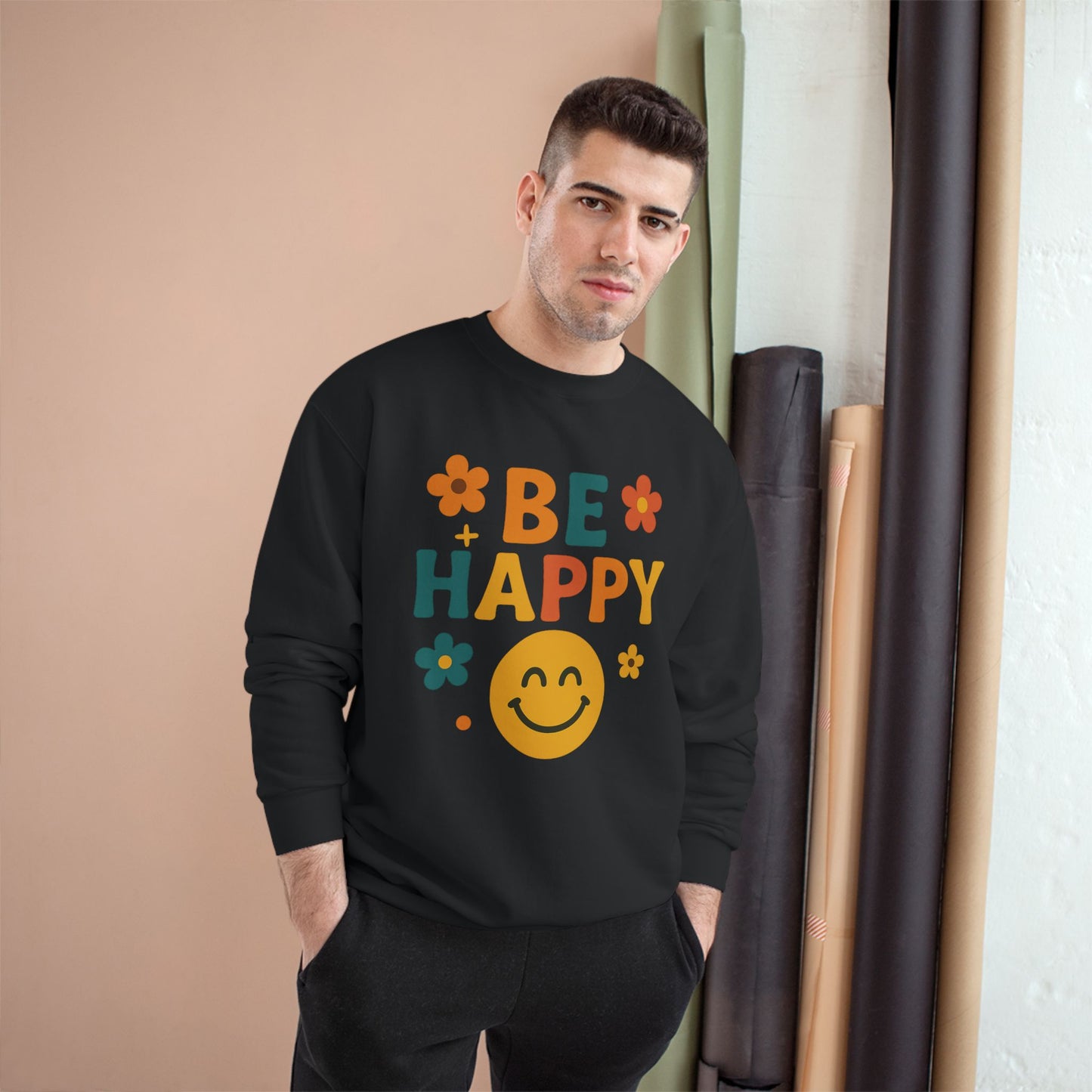 Happy Vibes Champion Sweatshirt, Positive Affirmation Apparel, Cozy Gift for Friends, Motivational Sweater, Feel-Good Sweatshirt