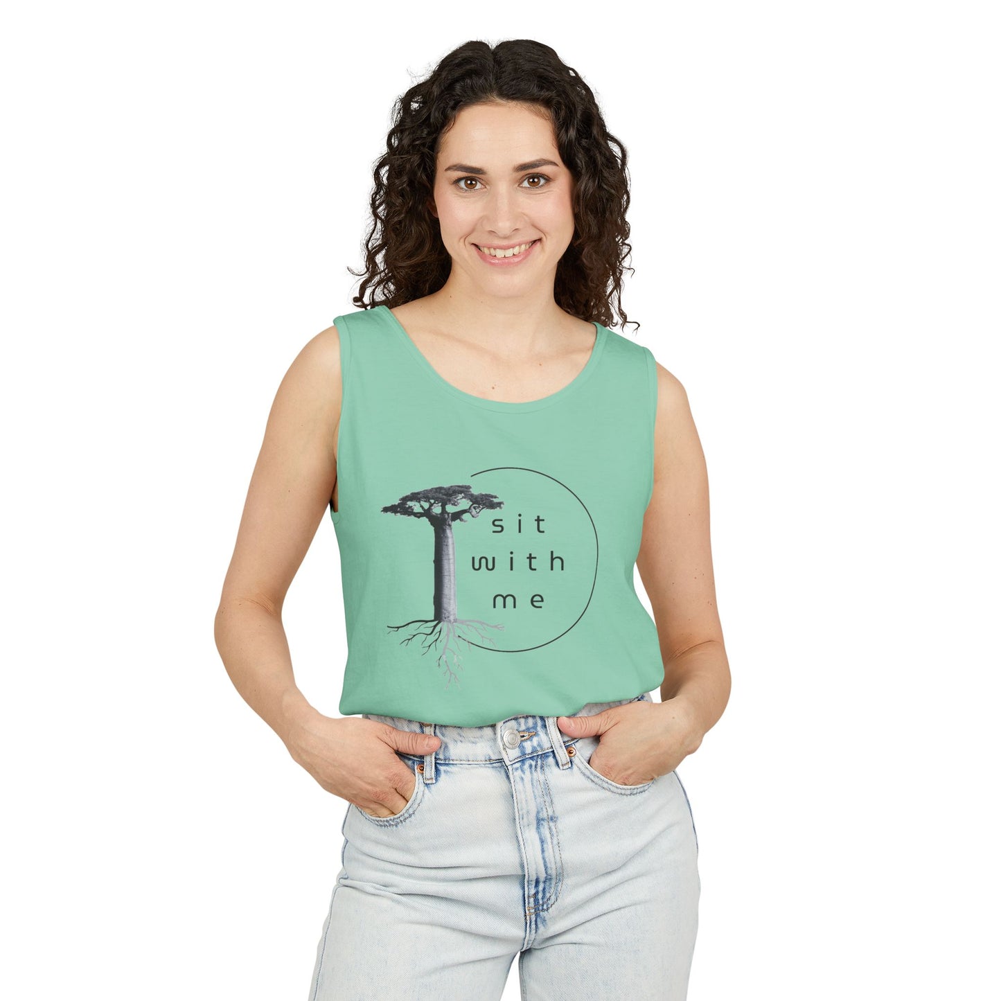 Relaxing Tree Illustration Tank Top, Unisex Summer Tee, Gift for Nature Lovers, Outdoor Adventure Apparel, Bohemian Style