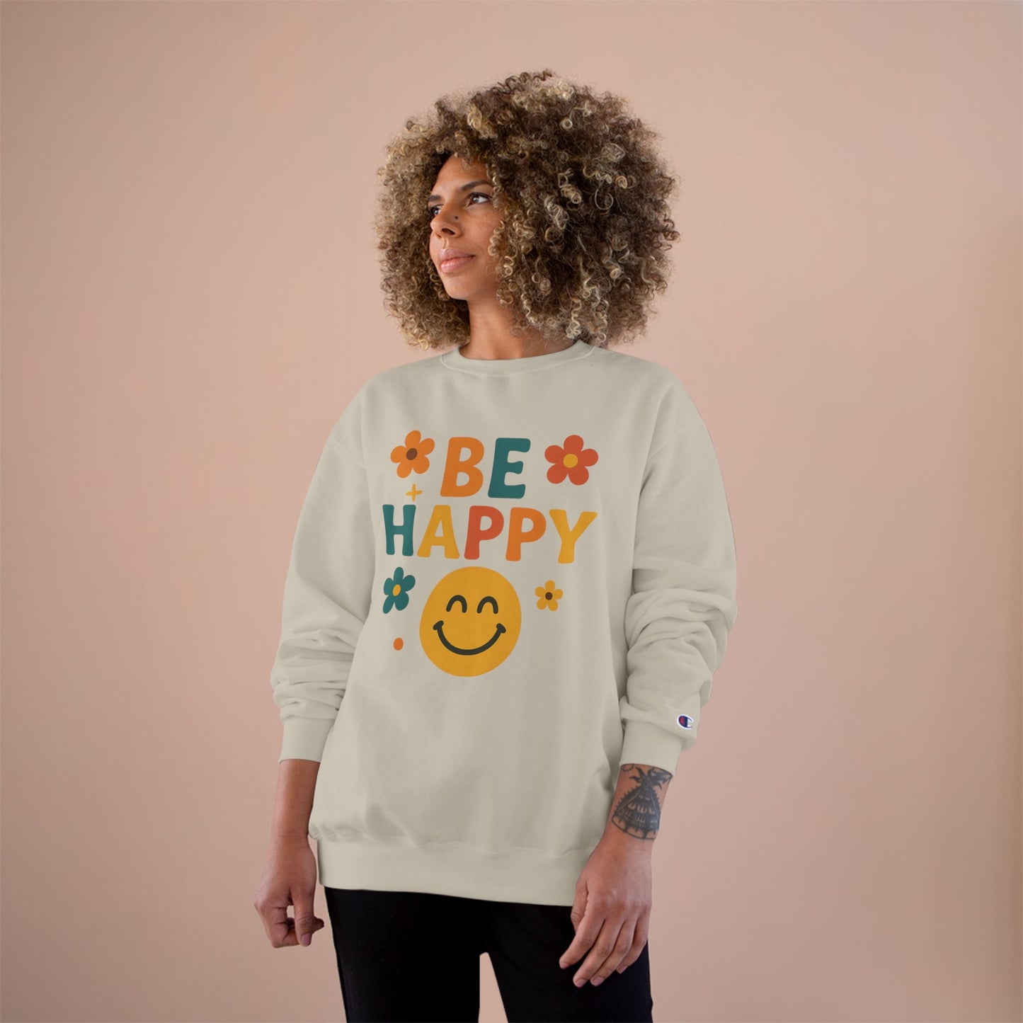 Happy Vibes Champion Sweatshirt, Positive Affirmation Apparel, Cozy Gift for Friends, Motivational Sweater, Feel-Good Sweatshirt