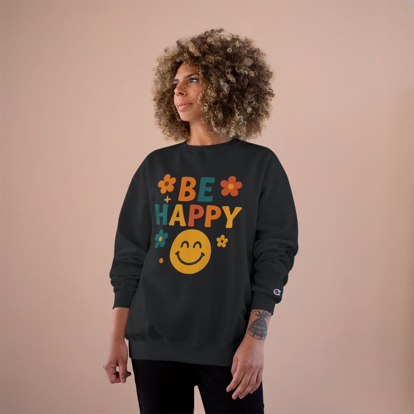 Happy Vibes Champion Sweatshirt, Positive Affirmation Apparel, Cozy Gift for Friends, Motivational Sweater, Feel-Good Sweatshirt