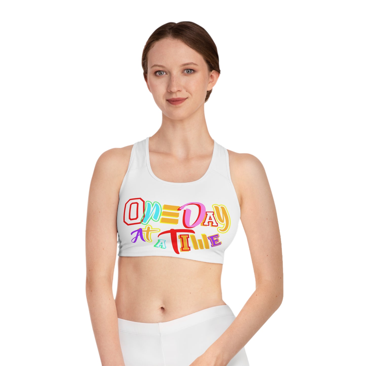 Colorful Motivational Sports Bra - One Day at a Time - Fitness, Workout, Athleisure, Self-Care, Gift for her